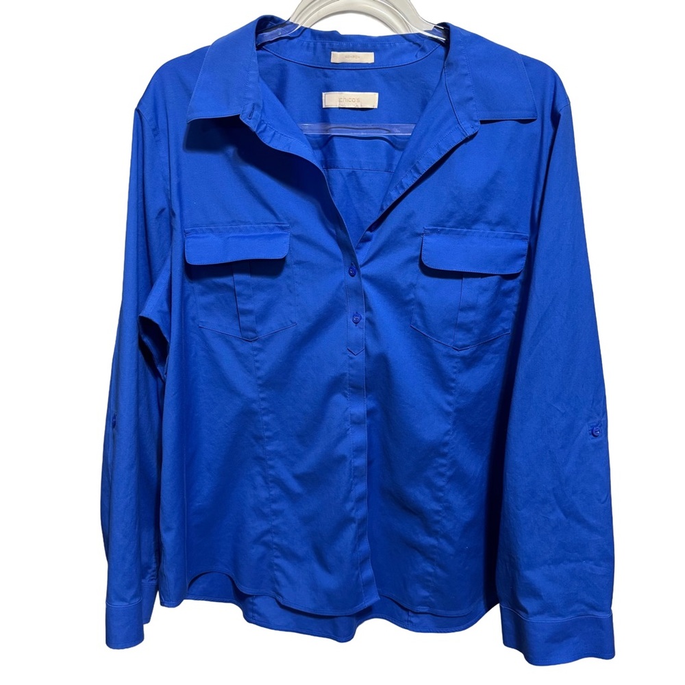 Chico's Button-Front No Iron Blouse in Bright Blue XL